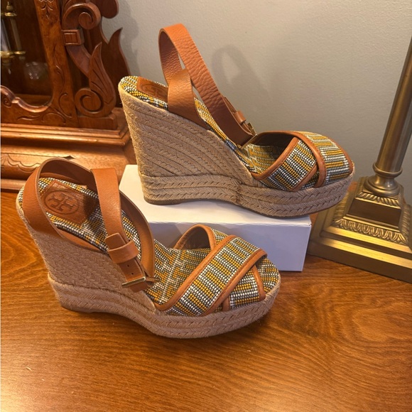 Tory Burch Florian Criss Cross Espadrille Leather Wedge Sandal Brown Size 8 - Picture 8 of 14